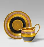 A Neoclassical Berlin KPM porcelain cup and saucer by Königliche Porzellanmanufaktur Berlin Kpm, Blue sceptre mark with blue enamel dash, impressed nos, sold Apr 2018