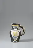 Pichet au vase by Pablo Picasso, 1954, Jug with handle. White clay painted with blue, yellow, white and black engobe, partially glazed and with incised decor; , sold Dec 2017
