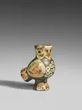 Chouette by Pablo Picasso, 1968, Vase in the shape of an owl. White clay with reddish, green, white and black engobe painting, partially glazed; ceramic,, sold Dec 2017