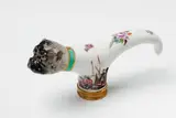 A Meissen porcelain walking cane handle by Meissen Royal Porcelain Manufactory, Gilt metal mounted T-form cane handle with merchant navy scenes and face of a pug dog. Unmarked. Minimal wear to the gil, sold Nov 2017