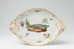 A Fürstenberg porcelain tray painted with a palace by Fürstenberg, Blue F mark, impressed mark P, fragmentary red lacquer number. Scratches, rim chips. W, sold Nov 2017