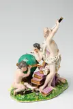 An allegorical Meissen porcelain group representing astronomy by Meissen Royal Porcelain Manufactory, Indistinct blue crossed swords mark to the glazed base. A filled firing crack to the underside, minor losses. H, offered Nov 2017