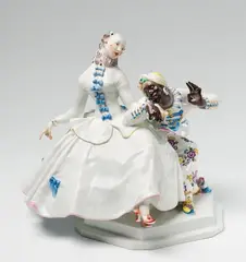 Paul Scheurich, A Meissen porcelain group with a lady and a servant, Blue crossed swords mark with dot to back of base, model no. A1179, pressnummer 42, iron red 74, engraved to base "Scheurich". H
