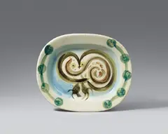 Chouette by Pablo Picasso, 1948, Ceramic plate. White clay with yellow, blue, green, and brown, engobe painting, glazed; ceramic, Madoura edition, offered May 2017