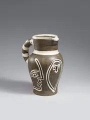 Pichet gravé gris by Pablo Picasso, 1954, Ceramic jug with handle. White clay with grey engobe painting, partially glazed in white and black with incised decor; c, sold Dec 2016