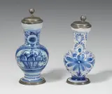 Fayencemanufaktur Nürnberg, Two small, pewter-mounted Nuremberg faience "enghalskrug" jugs