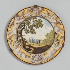 Carlo Antonio Grue, A small maiolica plate with landscape decor