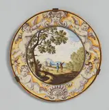 Carlo Antonio Grue, A small maiolica plate with landscape decor
