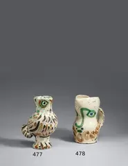 Chouette by Pablo Picasso, 1969, Ceramic vase. White clay with coloured engobe painting, partially brown-grey patinated, glazed and painted, relief decor, sold Jun 2016