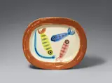 Quatre poissons polychromique by Pablo Picasso, 1947, Ceramic dish. White clay, with coloured engobe painting and glazed; ceramic, Madoura edition, sold Jun 2016