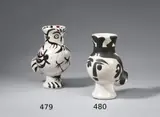 Chouette aux plumes by Pablo Picasso, 1951, Ceramic vase. White clay, white enamelled with coloured engobe painting and incised decor; ceramic, Madoura edition, sold Jun 2016