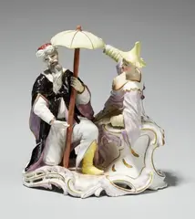 Johann Wilhelm Lanz, A rare Frankenthal porcelain group of two Chinese figures under a parasol