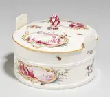 Kurmainzische Manufaktur Höchst, A Höchst porcelain butter churn with landscapes in puce camaieu