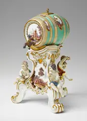 Meissen Royal Porcelain Manufactory, An ormolu-mounted Meissen porcelain spirits barrel on stand