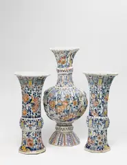 Gerhard Wolbeer, An impressive three piece set of Berlin faience vases with 'grand feu' decor, Flattened unmarked base. Some localised losses to the glaze, partially retouched. H 53.5 and ca