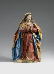 Bartholomäus Steinle, A carved limewood figure of the kneeling Virgin from a coronation scene, attributed to Bartholomäus Steinle.