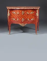 Hubert Hansen, A satin- and rosewood veneered époque Louis XV chest of drawers with chequerboard marquetry.