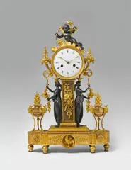 Pierre Philippe Thomire, An ormolu pendulum clock flanked by burnished bronze karyatids.