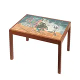 Hermia Boyd, Harlequin Figures 1950 hand-painted earthenware tiles (35) inset into wooden table 56.5 x 77 x 46cm, 1950, hand-painted earthenware tiles (35) inset into wooden table