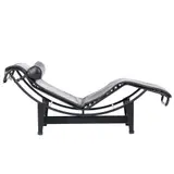 'LC4' CHAISE FOR CASSINA by Le Corbusier, Pierre Jeanneret & Charlotte Perriand, Black leather cushion and headrest with tubular matte black powder-coated frame and cradle. Cassina mark to frame, sold Nov 2025