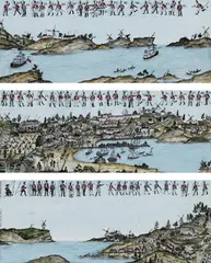 Bernadette Emmerichs, Rum, Farmers, Rum 2011 painted ceramic, triptych each plaque: 20 x 50cm (23 x 53cm framed), 2011, painted ceramic, triptych