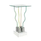 'LE STRUTTURE TREMANO' TABLE FOR STUDIO ALCHYMIA by Ettore Sottsass, Square glass table top supported by four polychromed metal tubes protruding from base of plastic laminate over wood, sold May 2025