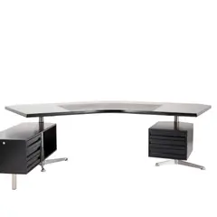 'T96' EXECUTIVE DESK FOR TECNO by Osvaldo Borsani, Boomerang shape with pivoting drawer unit. Black lacquered wood on aluminium base, sold May 2025