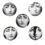 Piero Fornasetti, FIVE PLATES FOR FORNASETTI, White glazed ceramic with printed designs. Manufacturer marks to verso