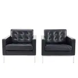 PAIR OF LOUNGE CHAIRS FOR KNOLL by Florence Knoll, Square form structure in black leather button back upholstery on chrome steel base, sold May 2025