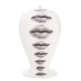 Piero Fornasetti, LIDDED VASE FOR BITOSSI, White glazed ceramic with printed lip motif. Manufacturer mark to base. Edition of 499