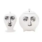 Piero Fornasetti, TWO CERAMICS FOR BITOSSI / FORNASETTI, White glazed ceramic with printed motifs. Manufacturer marks to base