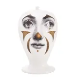 Piero Fornasetti, LIDDED VASE FOR BITOSSI, White glazed ceramic with printed stylised image of Lina Cavalieri with gilt clown makeup. Manufacturer mark to base. Edition of 499