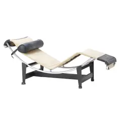 / CHARLOTTE PERRIAND LC4 CHAISE FOR CASSINA by Le Corbusier and Pierre Jeanneret, Ecru canvas and black leather with tubular chrome frame and black metal cradle. Cassina mark to base. Manufactured c 198, sold Nov 2024