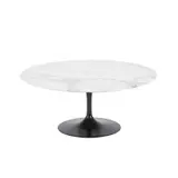 Eero Saarinen, 'SAARINEN' COFFEE TABLE FOR KNOLL, Round carrara marble top with chamfered edge on black powdercoated aluminium tulip base. Knoll studio badge to underside