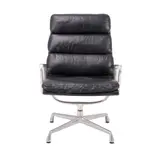 'SOFT PAD' GROUP LOUNGE CHAIR FOR HERMAN MILLER by Charles and Ray Eames, High-back black leather upholstered cushioning on aluminium Universal 4 star swivel base with arms. Herman Miller emboss, sold Feb 2025