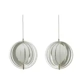 Verner Panton, PAIR OF 'MOON' PENDANTS FOR VERPAN, Loops of white lacquered metal blades fan around globe. Manufacturer mark present