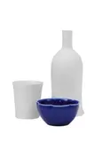 Kirsten Coelho, Blue Poppy 2020 three pieces, porcelain matt white glaze, cobalt glaze Height of largest 24cm, width 11cm, 2020, three pieces, porcelain matt white glaze, cobalt glaze