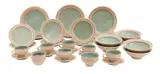 Gwyn Hanssen Pigott, Lunch Service c.1984 glazed woodfired porcelain, 32 pieces (6 medium plates, 6 side plates, 6 bowls, 1984, glazed woodfired porcelain, 32 pieces (6 medium plates, 6 side plates, 6 bowls, 6 cups and saucers, milk jug and sugar bowl)