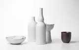 Kirsten Coelho, Lave 2021 5 pieces porcelain, matt white and pale grey glaze, iron oxide with saturated iron glaze bowl, 2021, porcelain, matt white and pale grey glaze, iron oxide with saturated iron glaze bowl