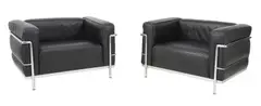 CHARLOTTE PERRIAND & PIERRE JEANNERET PAIR OF LC3 ARMCHAIRS FOR CASSINA by Le Corbusier, Black leather and chrome plated tubular steel. Stamped and numbered to frames, sold Apr 2023