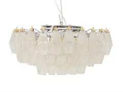 POLIEDRI CHANDELIER FOR VENINI by Carlo Scarpa, Murano clear glass polyhedron pendant diffusers with gold coloured metal fittings on a metal frame, sold Apr 2023