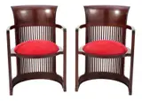Frank Lloyd Wright, PAIR OF 606 BARREL CHAIRS FOR CASSINA, Cherrywood stained walnut with red suede upholstery. Stamped to underside. N27758 & N27835