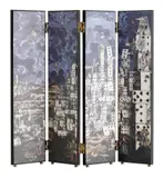 CITY OF CARDS MINIATURE SCREEN by Piero Fornasetti, Four panel plastic printed screen with brass joins, sold Nov 2022