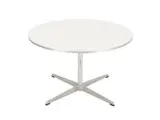 A222 COFFEE TABLE FOR FRITZ HANSEN by Arne Jacobsen, White fenix tabletop with a satin polished aluminium base and banding. Four-point base with plastic feet. Sticker presen, sold Jul 2023
