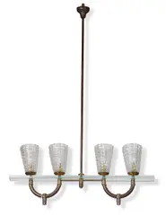 Barovier, & TOSO CEILING LIGHT, Linear ceiling light of four glass shades resting on glass plinth. Curved brass hardware
