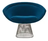 Warren Platner, ARMCHAIR FOR KNOLL, Welding curved steel rods to circular and semi-circular frames, simultaneously serving as structure and ornament. Velvet teal upholstery