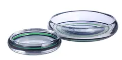 Orrefors, TWO SHALLOW GLASS BOWLS, Designed by Nils Landsberg (1907-1991), both clear glass with internal green and black stripes, each engraved to base