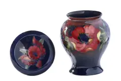 Moorcroft, TWO PIECES WITH DIFFERENT PATTERNS ON BLUE GROUND
