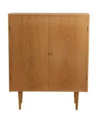 CABINET FOR RY MOBLER by Hans J. Wegner, Two door, four interior shelves, brass lock, oak veneer, sold Oct 2021
