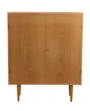 CABINET FOR RY MOBLER by Hans J. Wegner, Two door, four interior shelves, brass lock, oak veneer, sold Oct 2021